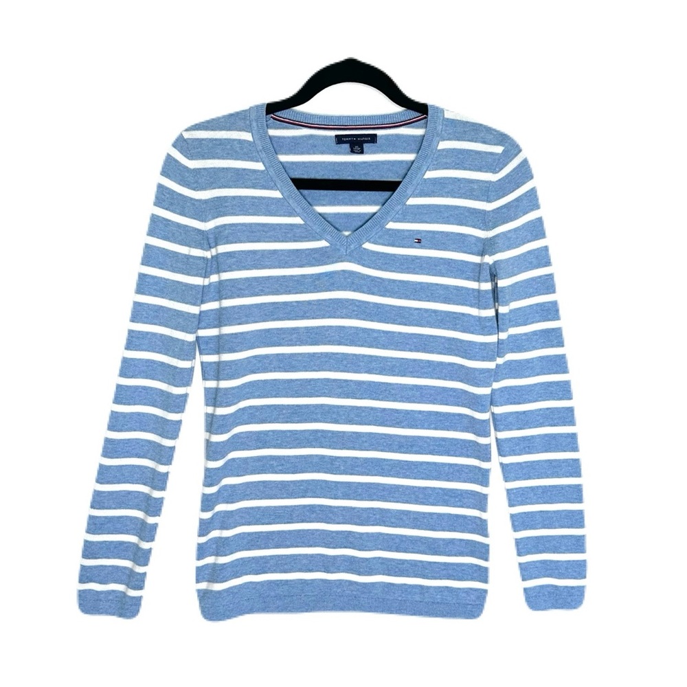 Tommy Hilfiger 100% Cotton Knit Sweater V Neck Stripes